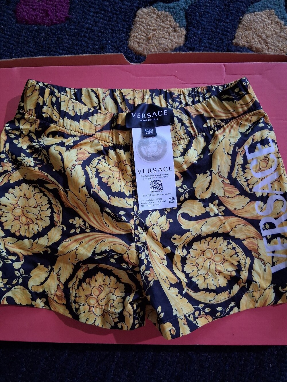 Baby Versace Black & Gold Baroque Swim Shorts Size 9-12 Months